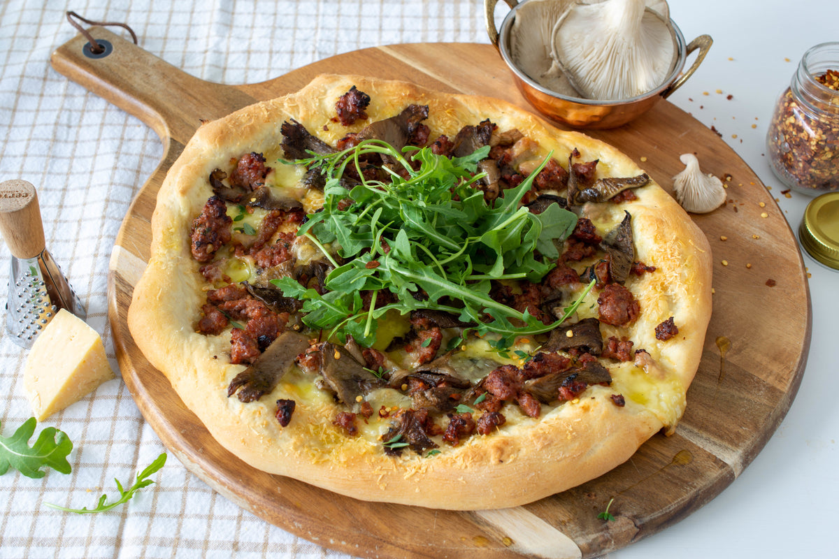 Caramelised Oyster Mushroom And Sausage Pizza