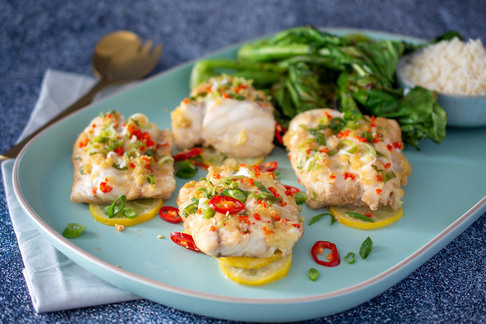Chilli Ginger Steamed Fish With Grilled Chinese Broccoli