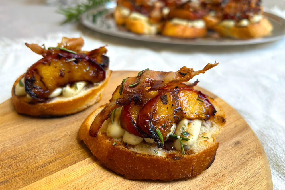 Grilled Peach Crostini with Blue Cheese Whip