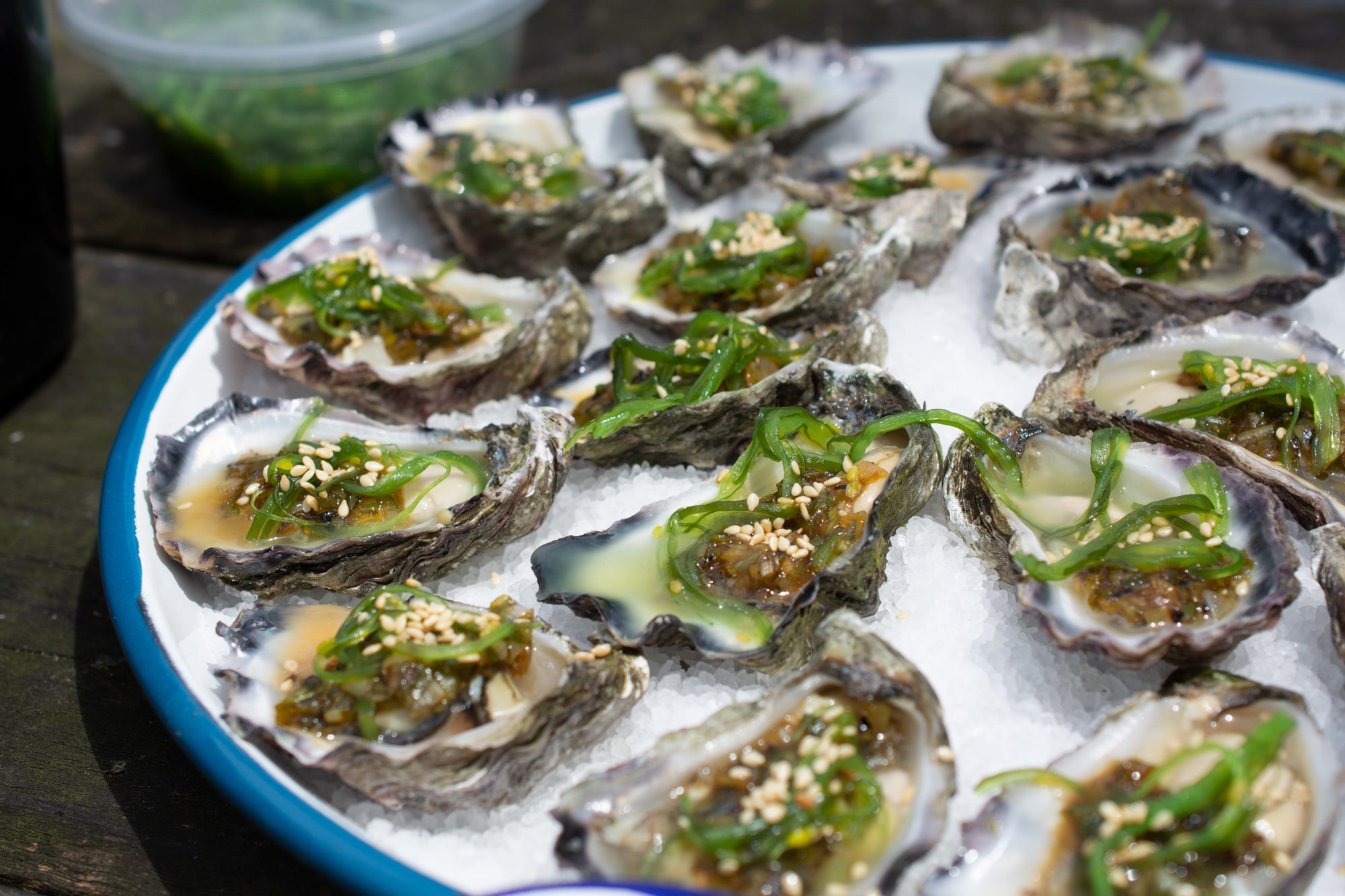 Fresh Oysters With Charred Spring Onion And Wakame Dressing