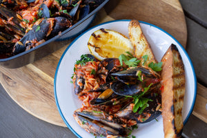 Barbecue Mussels With Chorizo And Tomato Risoni