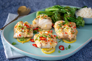 Chilli Ginger Steamed Fish With Grilled Chinese Broccoli