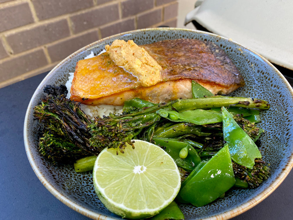 Crispy Salmon With Laksa Butter And Grilled Greens