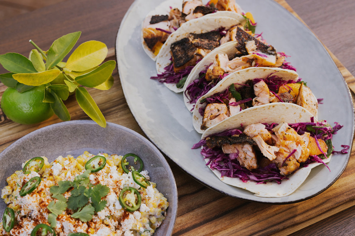 Spice Crusted Crispy Skin Tacos With Red Cabbage Orange And Mint Slaw
