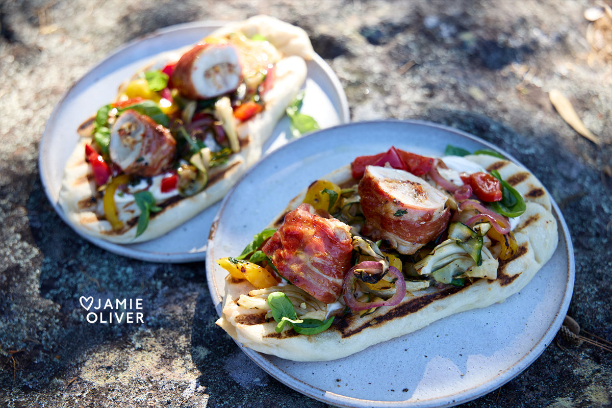 Stuffed Chicken Skewers With Flatbreads And Charred Veg Jamie Oliver